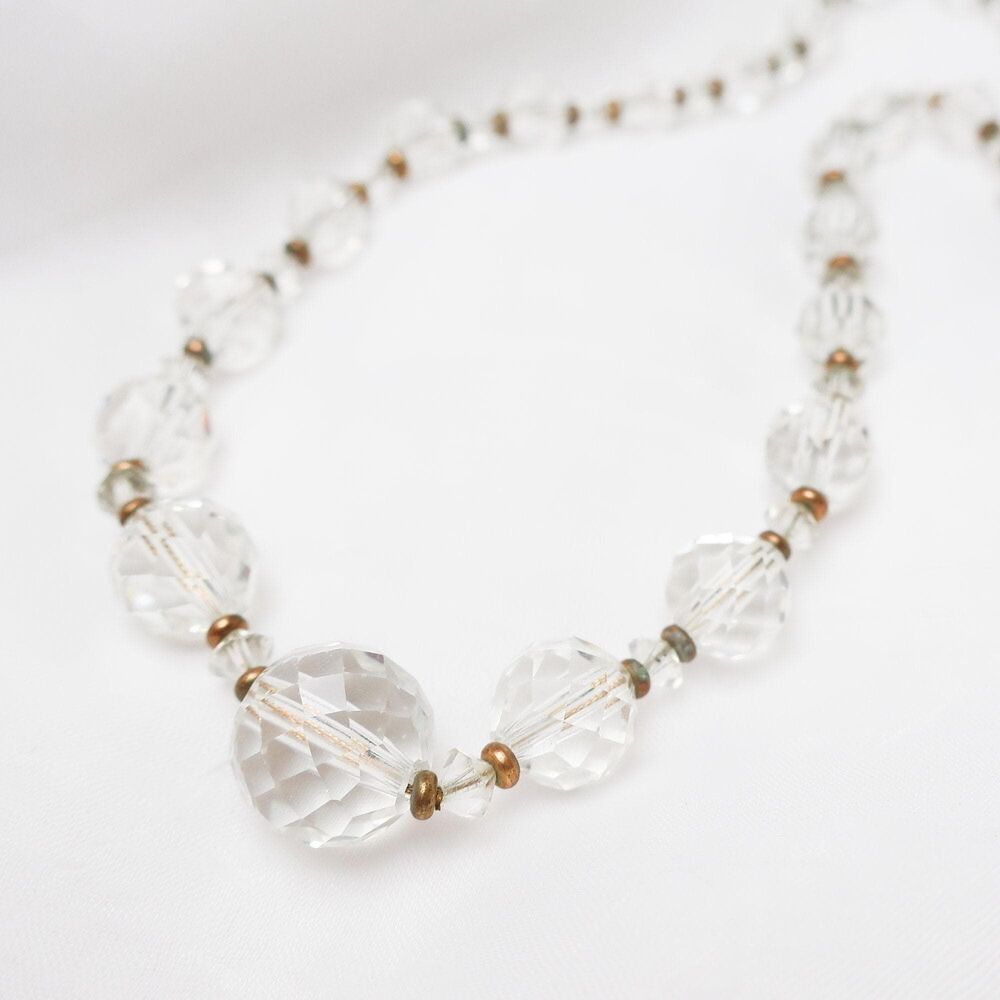 Vintage 1950s Crystal Choker Necklace Faceted Clear Glass Bridal Bead Chain
